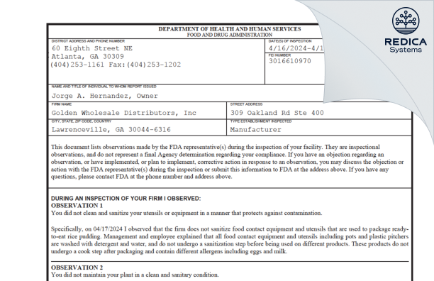 FDA 483 - Golden Wholesale Distributors, Inc [Lawrenceville / United States of America] - Download PDF - Redica Systems