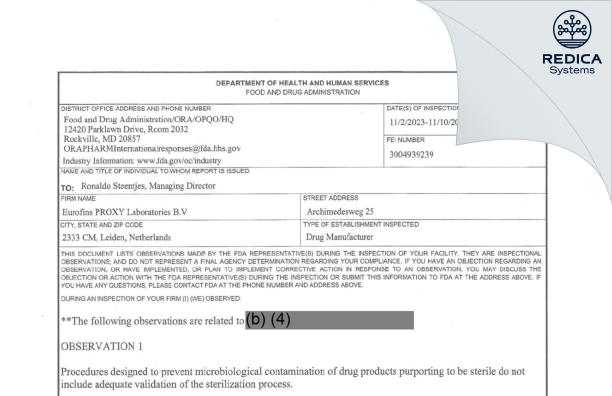 FDA 483 - Eurofins PROXY Laboratories B.V. [Leiden / Netherlands] - Download PDF - Redica Systems