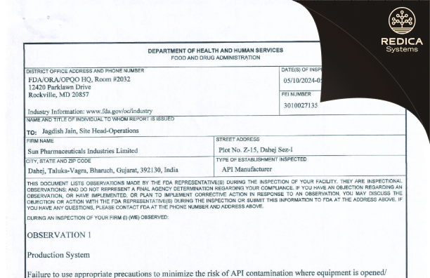 FDA 483 - Sun Pharmaceutical Industries Limited [Vagra / India] - Download PDF - Redica Systems