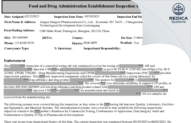 EIR - Jiangsu Hengrui Pharmaceuticals Co., Ltd. [Lianyungang / China] - Download PDF - Redica Systems