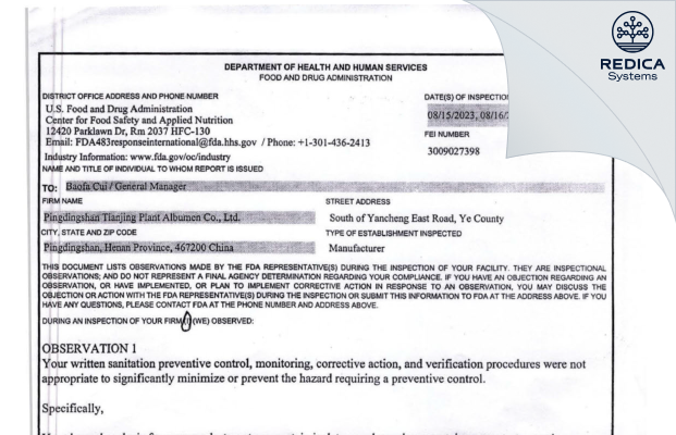 FDA 483 - Pingdingshan Tianjing Plant Albumen Co., Ltd. [Pingdingshan / China] - Download PDF - Redica Systems