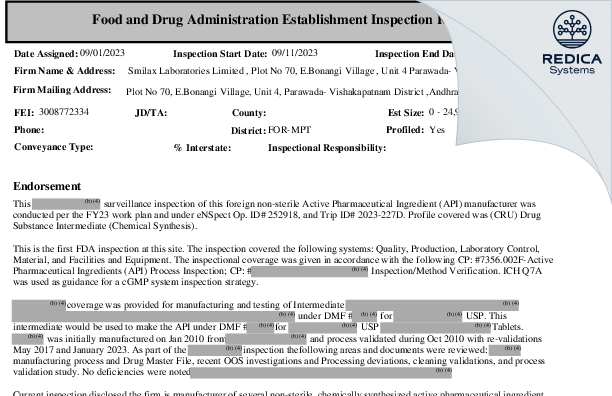 EIR - Smilax Laboratories Limited [Anakapalle Sub-District / India] - Download PDF - Redica Systems