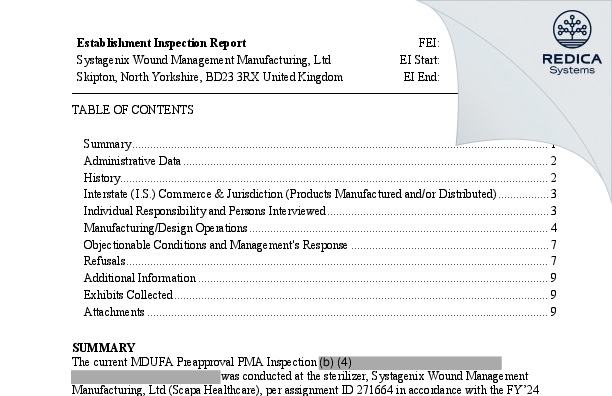 EIR - Systagenix Wound Management Manufacturing, Ltd [Skipton / United Kingdom of Great Britain and Northern Ireland] - Download PDF - Redica Systems