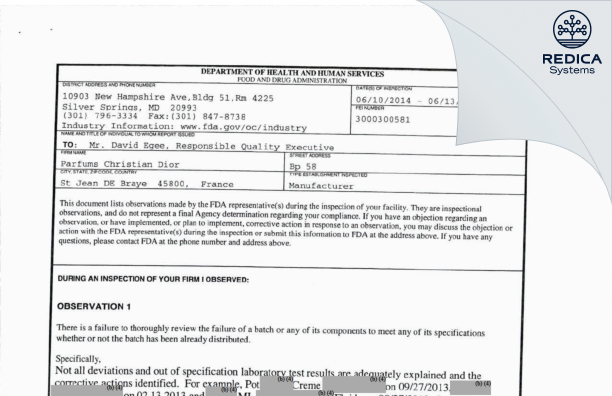 FDA 483 - Parfums Christian Dior [Saint-Jean-De-Braye / France] - Download PDF - Redica Systems