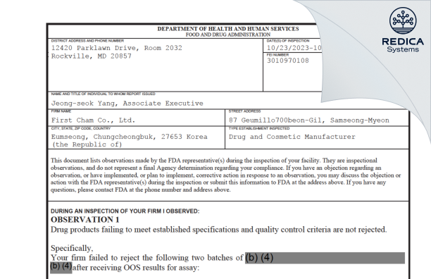 FDA 483 - FIRSTCHAM CO., LTD [Samseong-Myeon / Korea (Republic of)] - Download PDF - Redica Systems