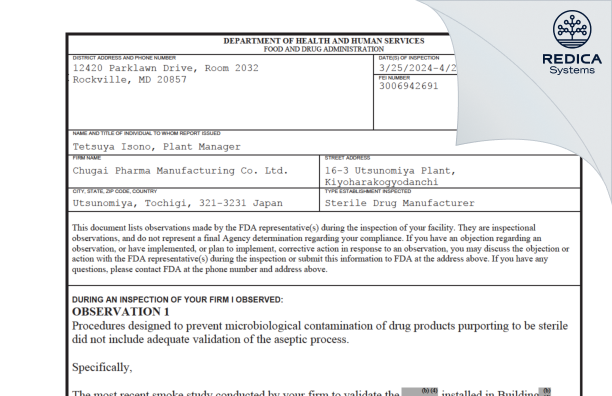 FDA 483 - Chugai Pharma Manufacturing Co., Ltd [Kiyoharakogyodanchi / Japan] - Download PDF - Redica Systems