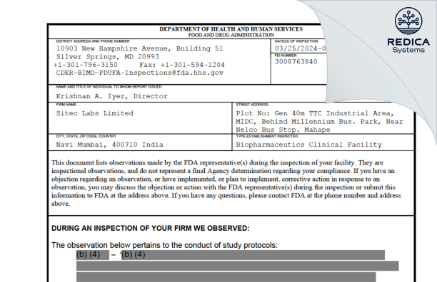 FDA 483 - SITEC LABS LIMITED [Pawane Gaothan / India] - Download PDF - Redica Systems