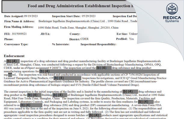 EIR - Boehringer Ingelheim Biopharmaceuticals (China) Ltd. [Shanghai / China] - Download PDF - Redica Systems