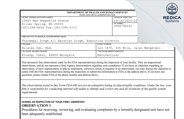 FDA 483 - Nulatex Sdn. Bhd. [Kluang / Malaysia] - Download PDF - Redica Systems