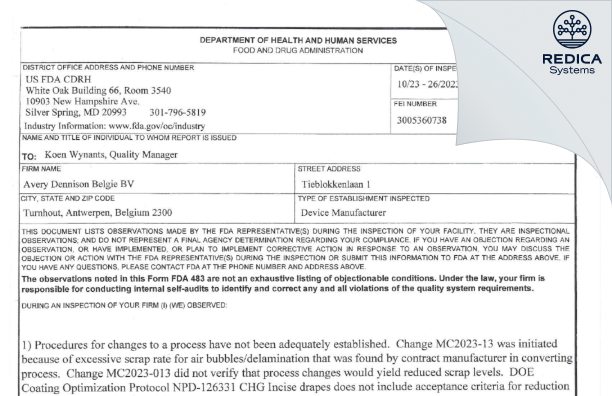 FDA 483 - Avery Dennison Belgie BV [Turnhout / Belgium] - Download PDF - Redica Systems