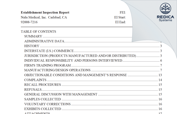 EIR - Nalu Medical, Inc. [Carlsbad / United States of America] - Download PDF - Redica Systems