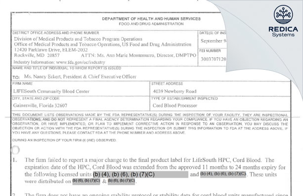 FDA 483 - LifeSouth Community Blood Centers, Inc [Gainesville / United States of America] - Download PDF - Redica Systems