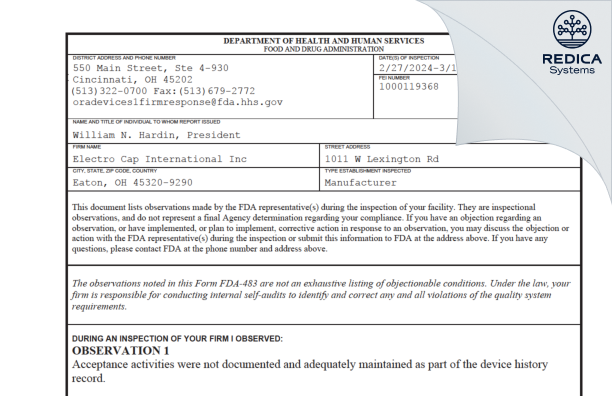 FDA 483 - Electro Cap International Inc [Eaton / United States of America] - Download PDF - Redica Systems