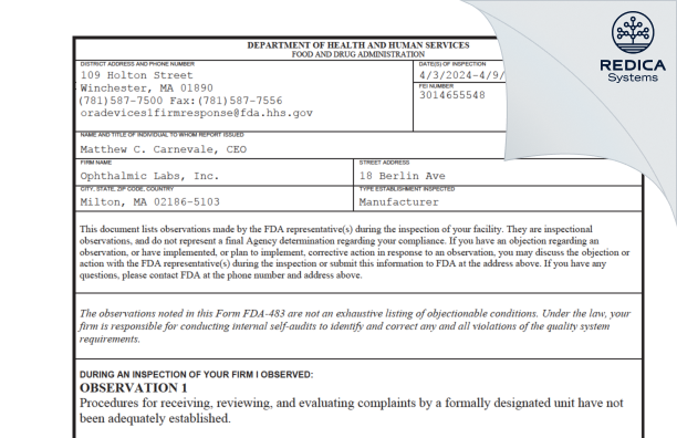 FDA 483 - Ophthalmic Labs, Inc. [Milton / United States of America] - Download PDF - Redica Systems