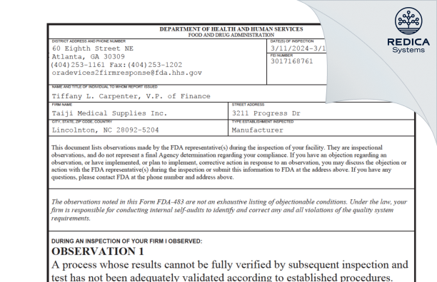 FDA 483 - Taiji Medical Supplies Inc. [Lincolnton / United States of America] - Download PDF - Redica Systems