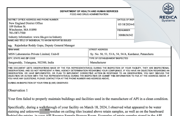 FDA 483 - MSN Laboratories Private Limited [Muthangi / India] - Download PDF - Redica Systems