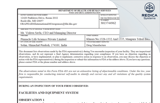 FDA 483 - PINNACLE LIFE SCIENCE PRIVATE LIMITED [Baddi / India] - Download PDF - Redica Systems