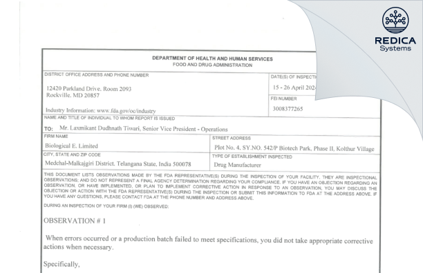 FDA 483 - BIOLOGICAL E. LIMITED [Medchal / India] - Download PDF - Redica Systems