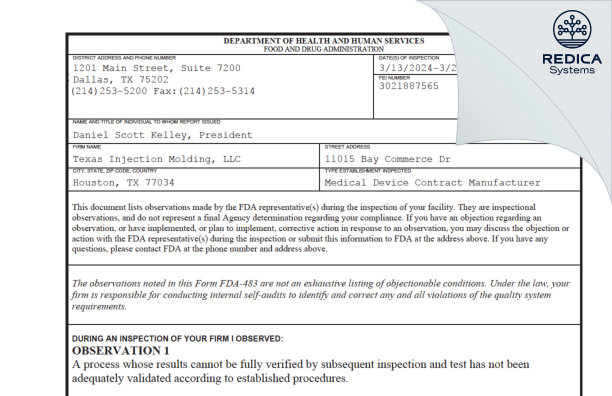 FDA 483 - Texas Injection Molding, LLC [Houston / United States of America] - Download PDF - Redica Systems