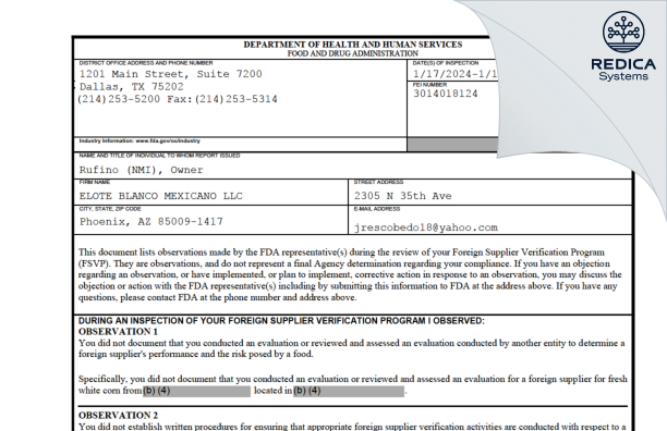 FDA 483 - ELOTE BLANCO MEXICANO LLC [Phoenix / United States of America] - Download PDF - Redica Systems