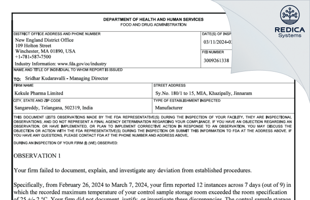 FDA 483 - Kekule Pharma Limited [Patancheru / India] - Download PDF - Redica Systems