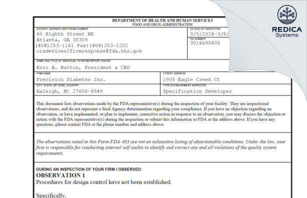 FDA 483 - Precision Diabetes Inc. [Raleigh / United States of America] - Download PDF - Redica Systems