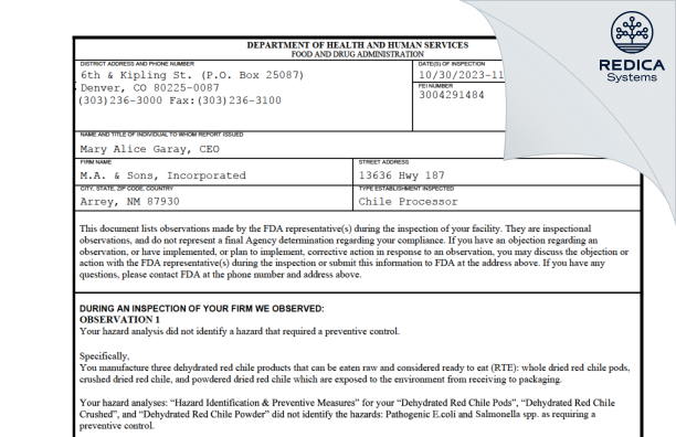 FDA 483 - M.A. & Sons, Incorporated [Arrey / United States of America] - Download PDF - Redica Systems