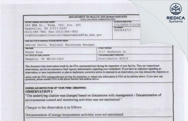 FDA 483 - Wound Pros [Memphis / United States of America] - Download PDF - Redica Systems