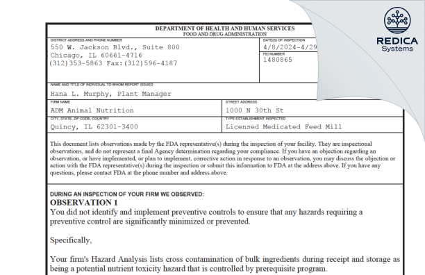 FDA 483 - ADM Animal Nutrition [Quincy / United States of America] - Download PDF - Redica Systems