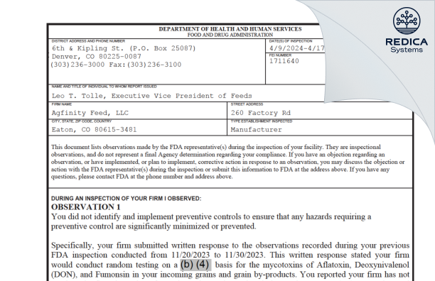 FDA 483 - Agfinity Inc [Eaton / United States of America] - Download PDF - Redica Systems