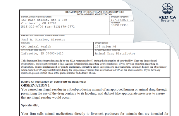 FDA 483 - CPC Animal Health [Lafayette / United States of America] - Download PDF - Redica Systems