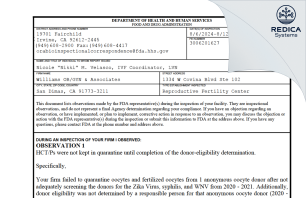 FDA 483 - Williams OB/GYN & Associates [San Dimas / United States of America] - Download PDF - Redica Systems