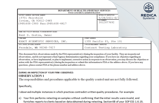 FDA 483 - Exact Scientific Services, Inc. [Ferndale / United States of America] - Download PDF - Redica Systems