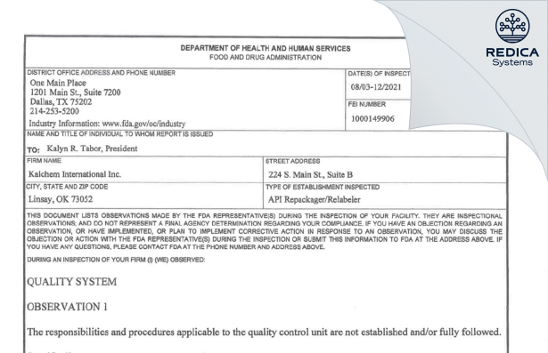 FDA 483 - Kalchem International Inc. [Lindsay / United States of America] - Download PDF - Redica Systems