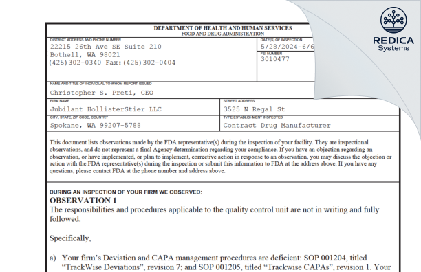 FDA 483 - Jubilant HollisterStier LLC [Spokane / United States of America] - Download PDF - Redica Systems