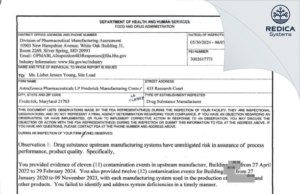 FDA 483 - AstraZeneca Pharmaceuticals LP [Frederick / United States of America] - Download PDF - Redica Systems