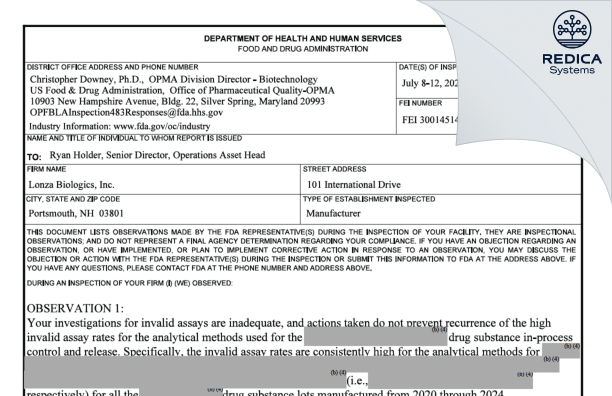 FDA 483 - Lonza Biologics, Inc. [Portsmouth / United States of America] - Download PDF - Redica Systems