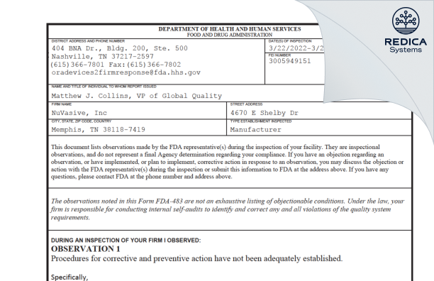 FDA 483 - NuVasive, Inc [Memphis / United States of America] - Download PDF - Redica Systems