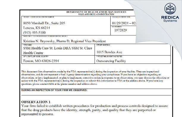 FDA 483 - SSM Health Care St. Louis DBA SSM St. Clare Health Center [Fenton / United States of America] - Download PDF - Redica Systems