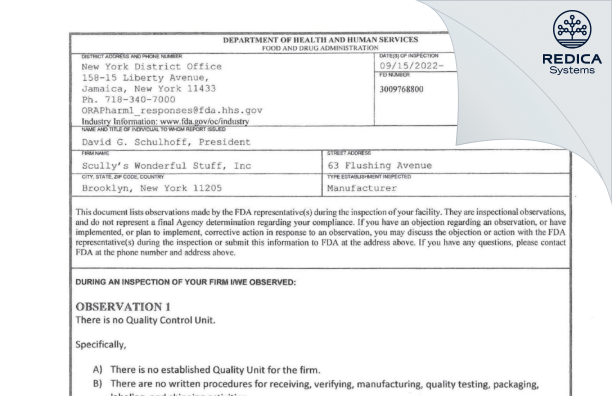 FDA 483 - Scully's Wonderful Stuff Inc. [Brooklyn / United States of America] - Download PDF - Redica Systems