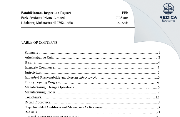 EIR - PARLE Products Private Limited [Khalapur / India] - Download PDF - Redica Systems