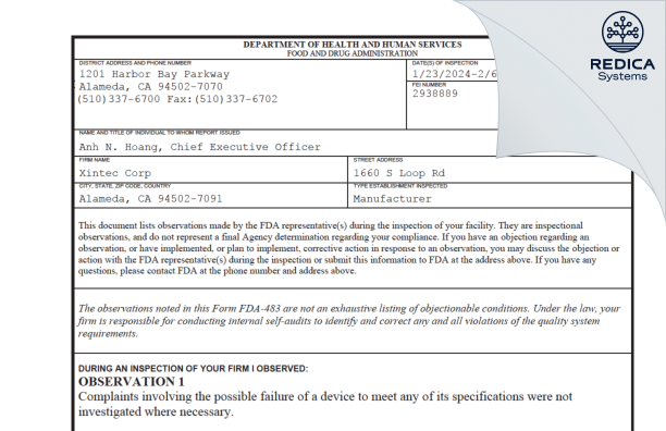 FDA 483 - Xintec Corp [Alameda / United States of America] - Download PDF - Redica Systems