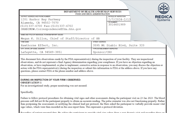 FDA 483 - Hawthorne Effect, Inc. [Lafayette / United States of America] - Download PDF - Redica Systems