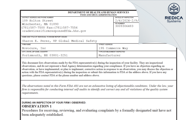 FDA 483 - Novocure, Inc [Portsmouth / United States of America] - Download PDF - Redica Systems