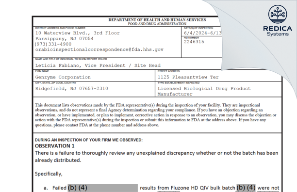 FDA 483 - Genzyme Corporation [Ridgefield / United States of America] - Download PDF - Redica Systems