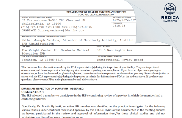 FDA 483 - The Wright Center for Graduate Medical Education IRB [Scranton / United States of America] - Download PDF - Redica Systems