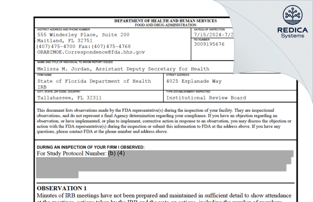 FDA 483 - State of Florida Department of Health IRB [Tallahassee / United States of America] - Download PDF - Redica Systems