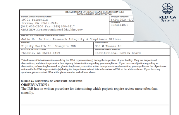 FDA 483 - Dignity Health St. Joseph's IRB [Phoenix / United States of America] - Download PDF - Redica Systems