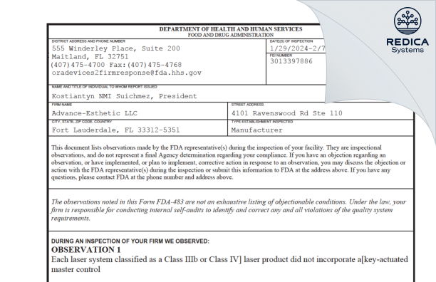 FDA 483 - Advance-Esthetic LLC [Fort Lauderdale / United States of America] - Download PDF - Redica Systems