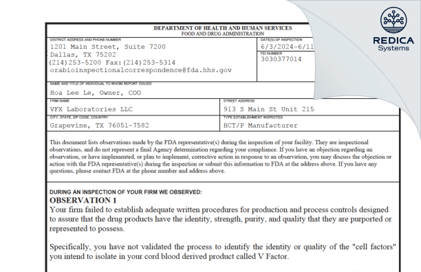 FDA 483 - VFX Laboratories LLC [Grapevine / United States of America] - Download PDF - Redica Systems